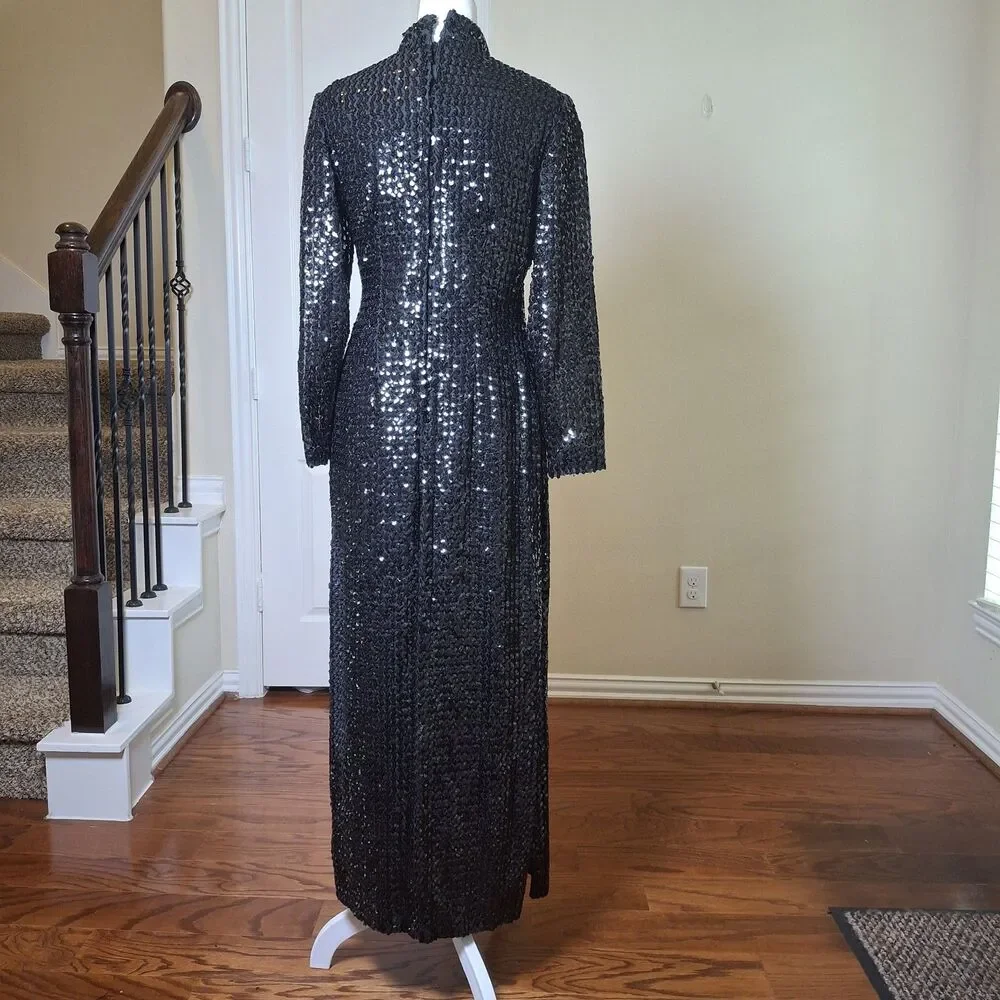 Vintage Union 70s Black Sequin Evening Gown US12 Hollywood Red Carpet Black Tie